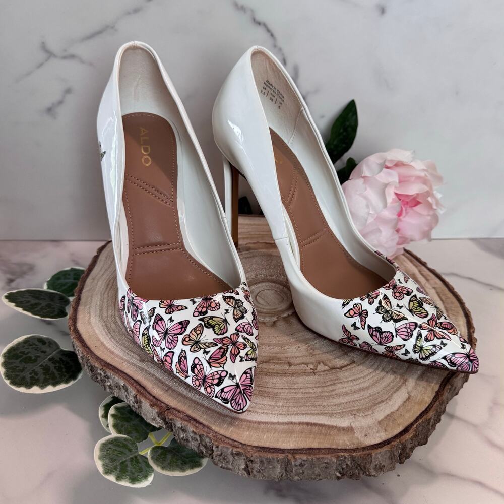 ALDO Lala Pointed Toe Stiletto Pump in White Butterfly Multicolor, Womens 7.5 - Picture 1 of 8